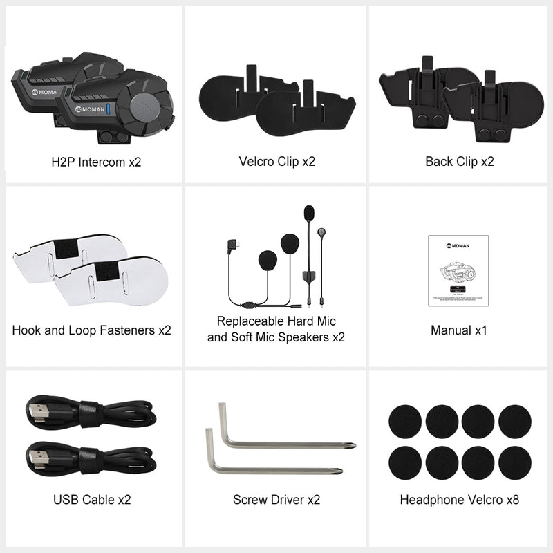 Package list of Moman H2 Pro communication device: Intercom, Velcro clip, Back clip, mic speaker, USB cable, and so on.