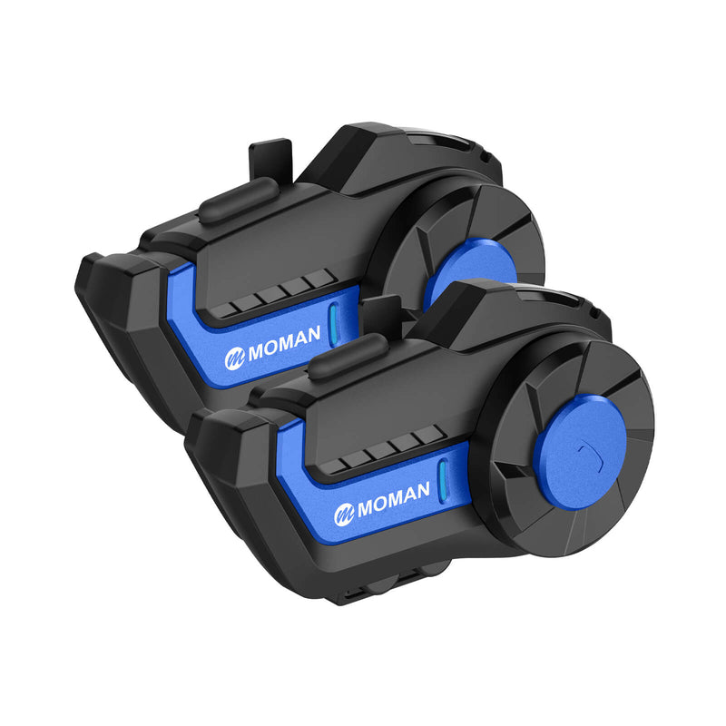 Moman H2 Pro helmet communicator 2-Rider Kit Blue provides hands-free calls since it features smart voice-activated.