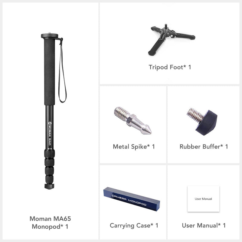 Package list of Moman MA65: Monopod,  tripod foot, carrying case, etc.