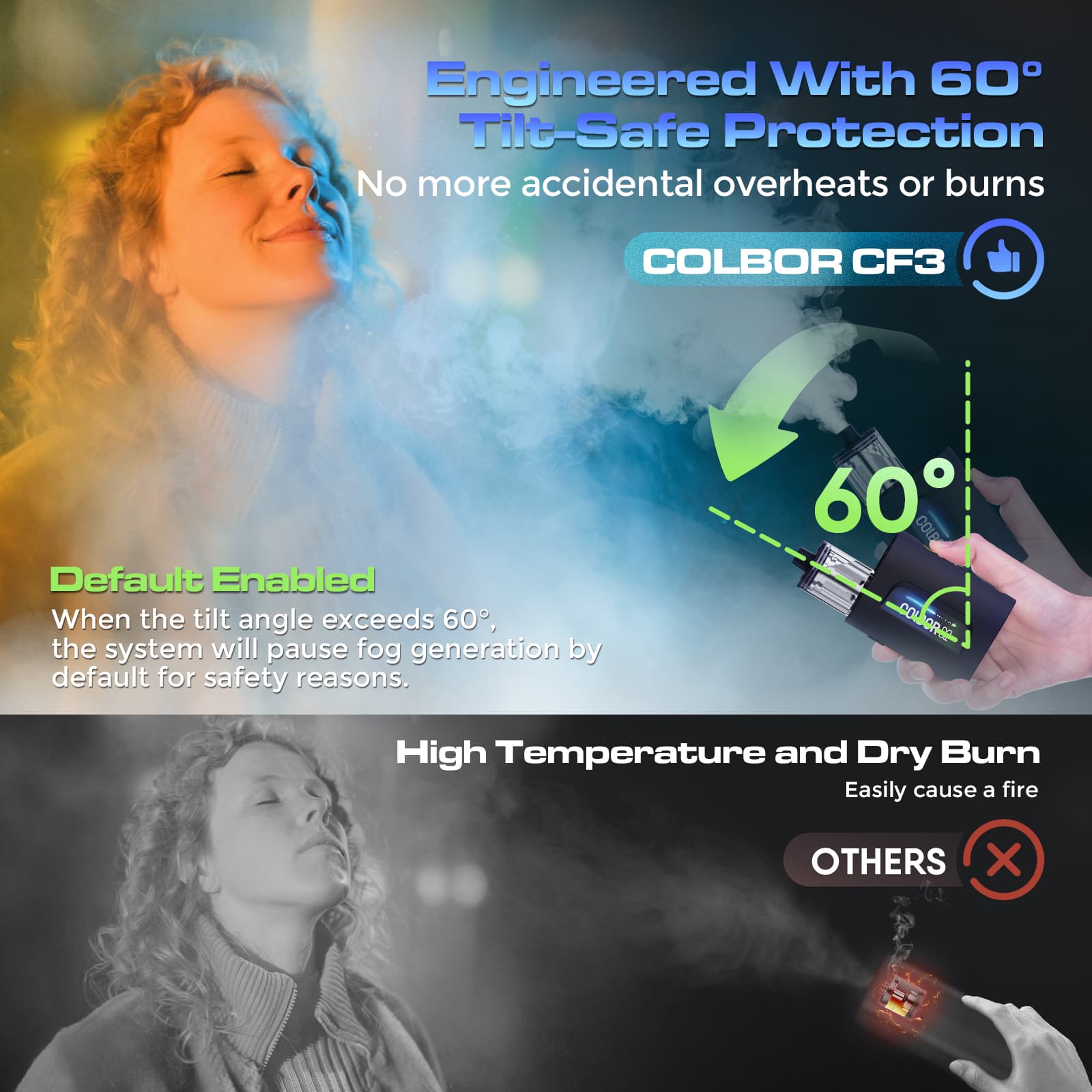 COLBOR CF3 features tilt-safe protection, pausing fog making with over 60° body tilting.