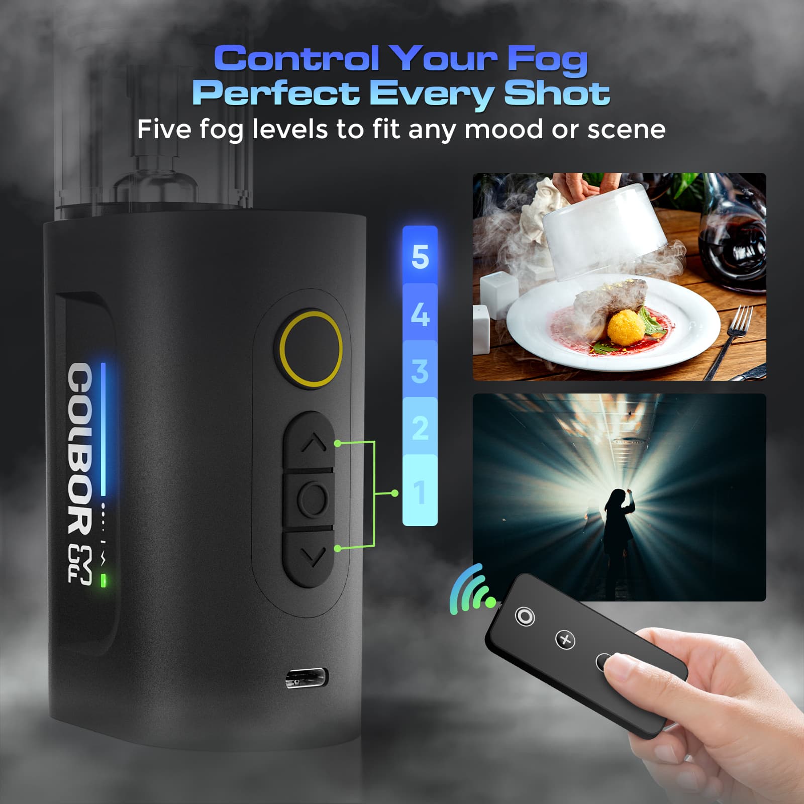 COLBOR CF3 fog machine for photography supplies a remote control to adjust the fog levels in 5 levels.