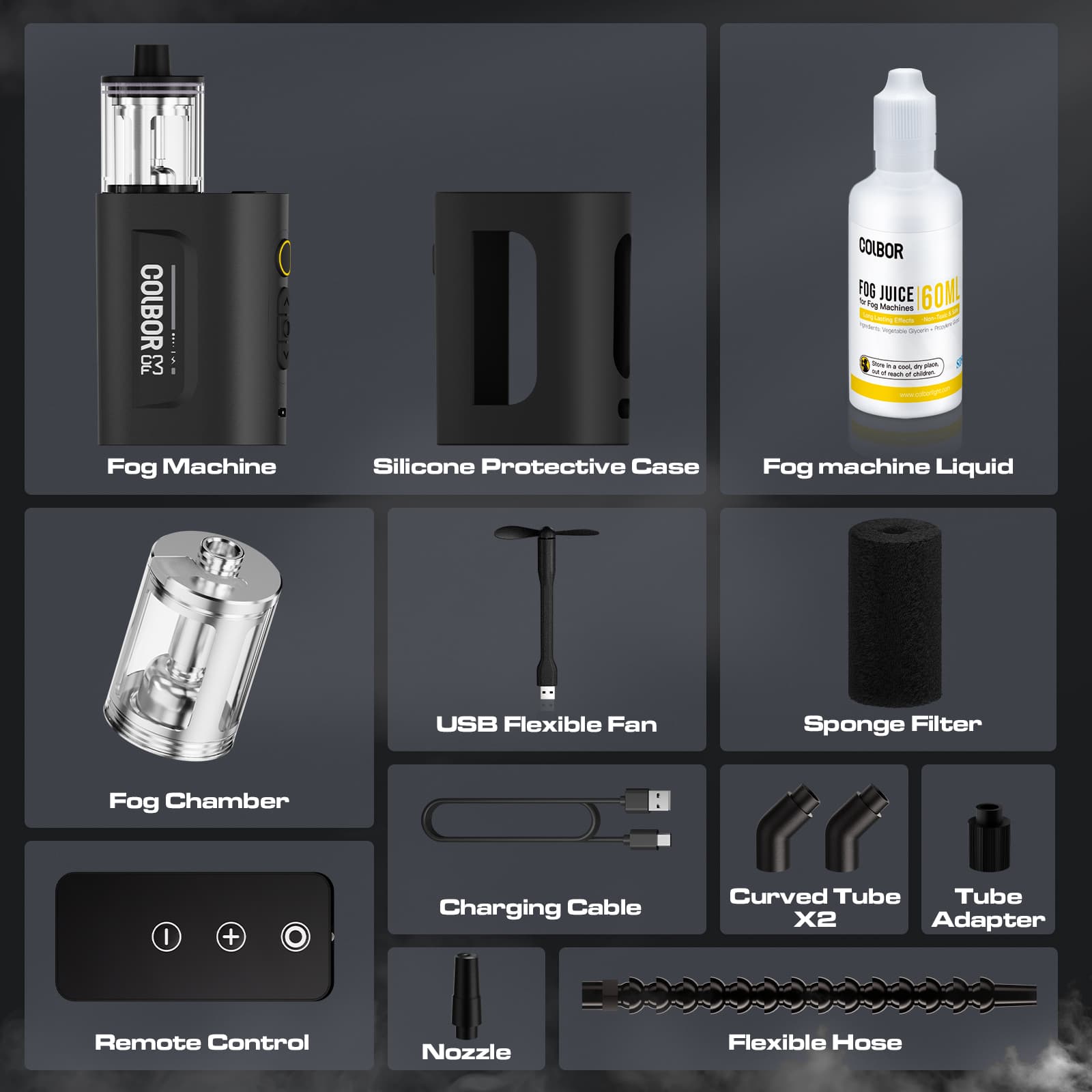 COLBOR CF3 package list includes a fog machine, protective case, liquid, chamber, and more.