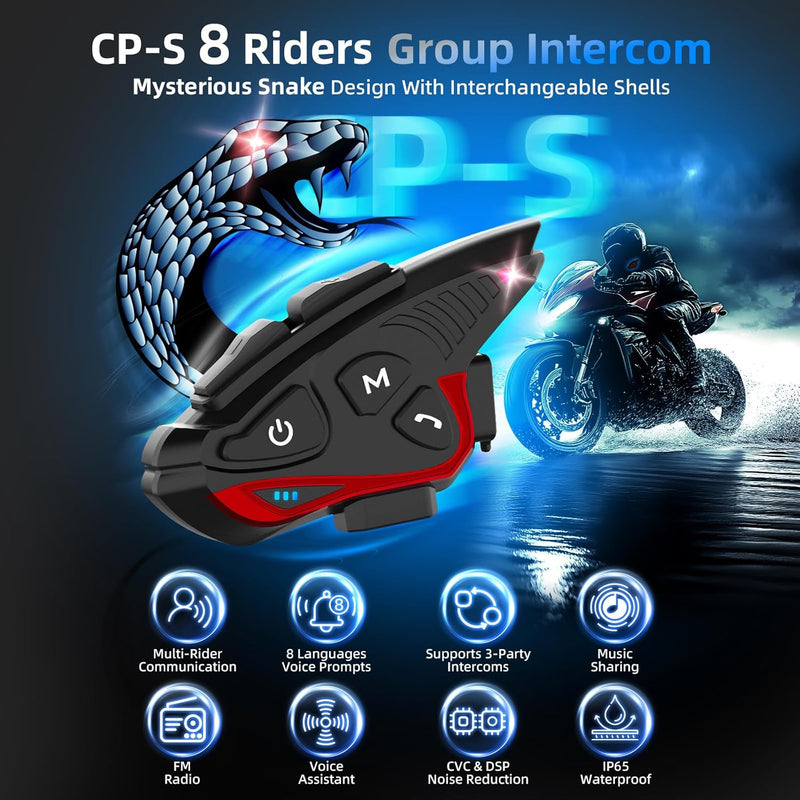 Moman CP-S is motorcycle intercom for group chat up to 8 riders, featuring 8-language voice prompts, music sharing, noise reduction, etc.