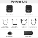 Moman C1's Package list: A receiver, a transmitter, three cables, a lavalier microphone, a windshield, and a carrying bag