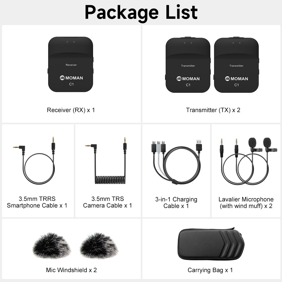 Moman C1X Package list: A receiver, two transmitters, three cables, two lavalier microphones, two windshields, and a carrying bag
