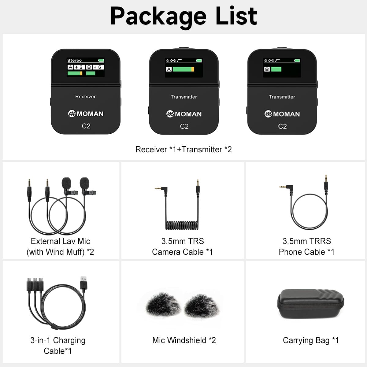 Moman Connects C1 Sistema Microfonico Wireless UHF 36 Canali – Per DSLR, Smartphone E Videocamera, 70m Di Portata