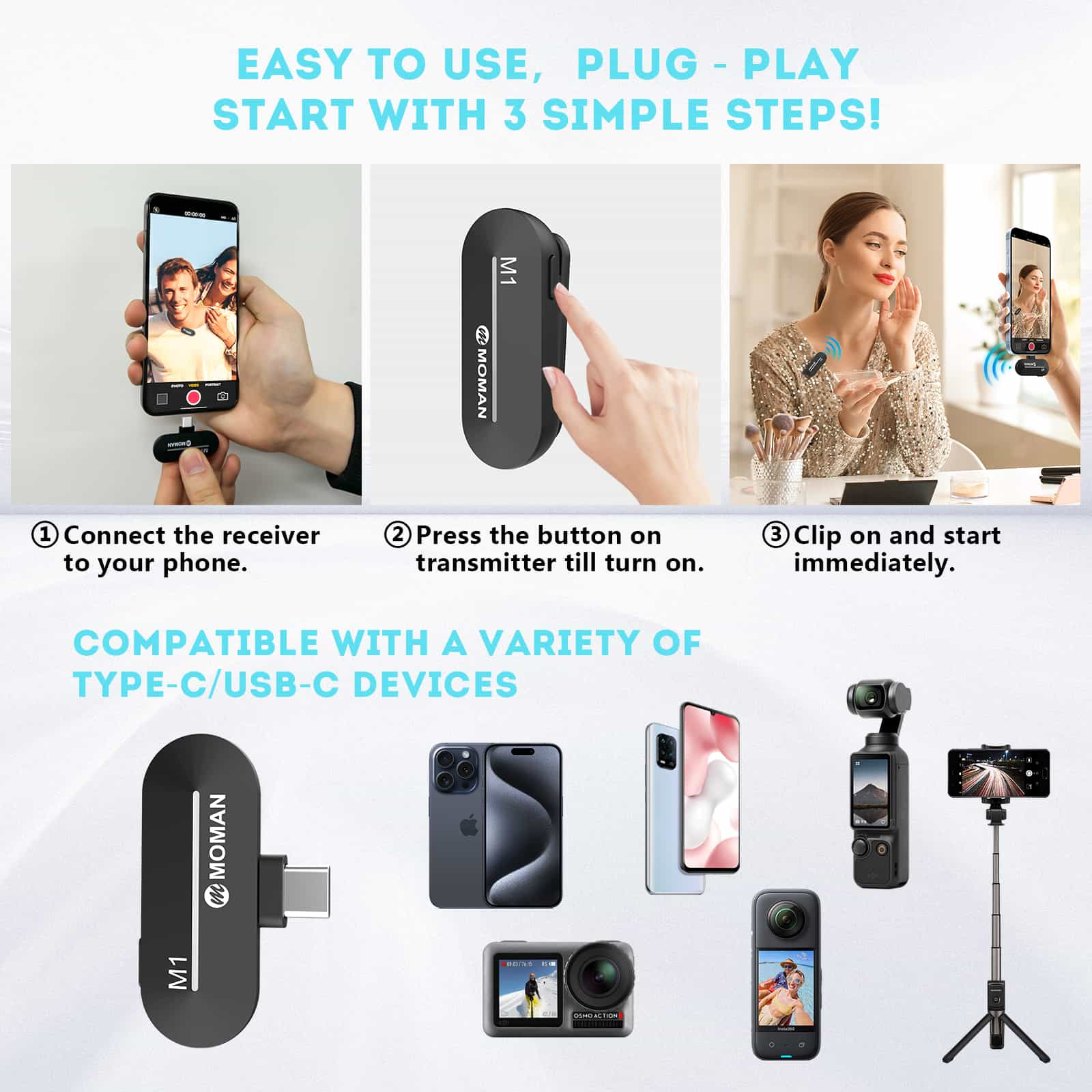 Moman M1 wireless microphone for mobile video recording is easy to use with 3 simple steps! It has a Type-C plug for Android phone.