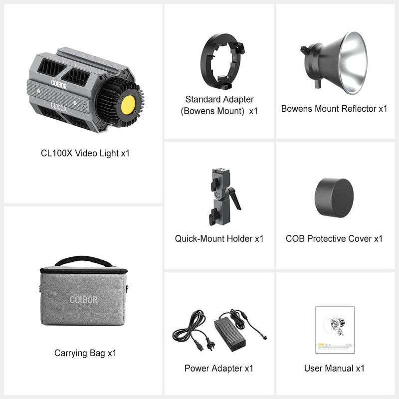 COLBOR CL100X compact outdoor studio lighting equipment package list: light*1, Bowens mount reflector*1, holder*1, power adapter*1, etc.