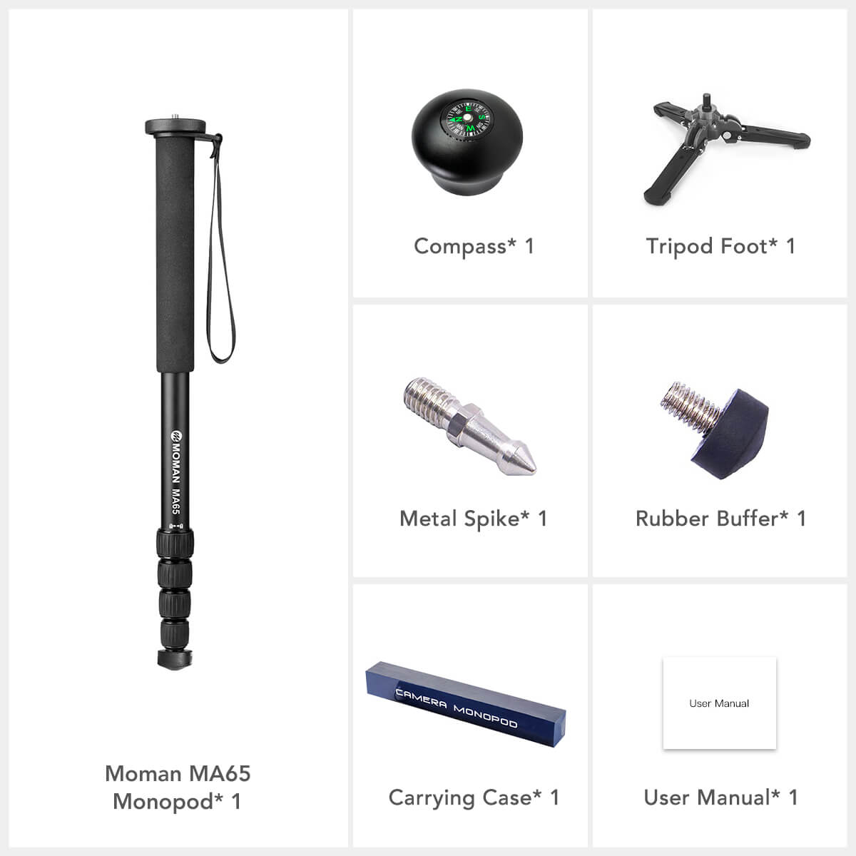 Package list of Moman MA65: Monopod, compass, tripod foot, carrying case, etc.