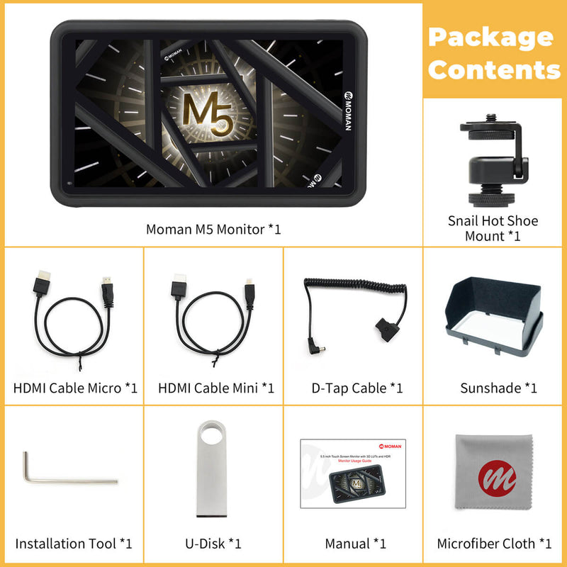 Moman M5 camera monitor's package contents: A monitor, a hot shoe mount, 3 cables, a U-disk, a sunshade, etc.