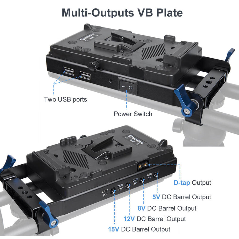 Moman VBP is a multi-outputs VB plate with one power switch, two USB ports, a D-tap interface, and 4 DC Barrel slots