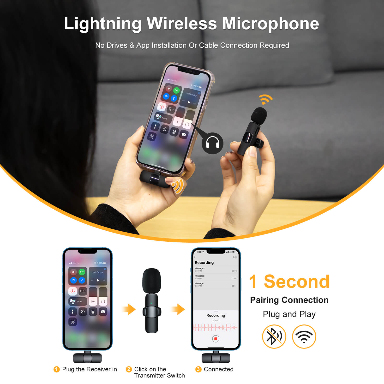 Moman CP1(A) is a lightning wireless microphone with pairing connection within 1 second