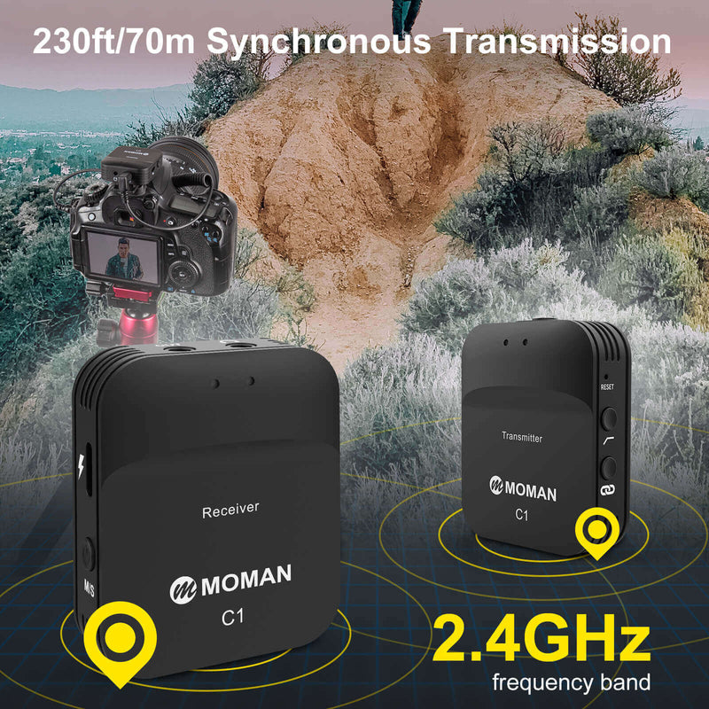 Moman C1 microphone with 2.4GHz frequency band featuring 230ft/70m synchronous tansmission