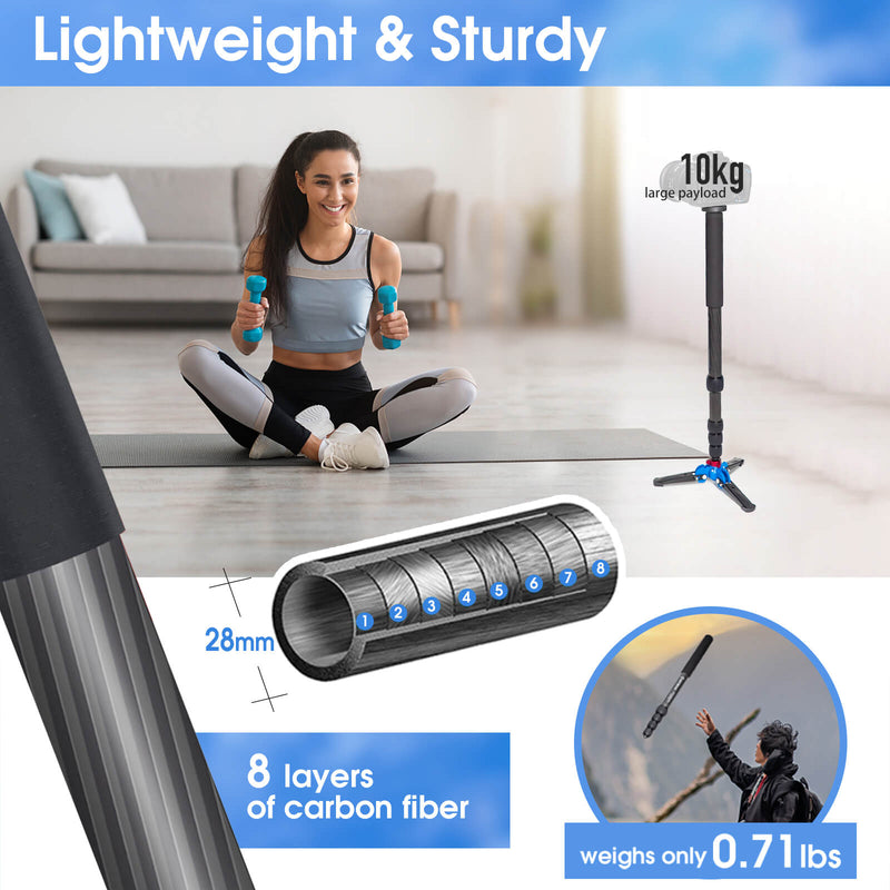 Moman C65 camera monopod is lightweight and sturdy, having 8 layers of carbon fiber but weighing only 0.71lbs