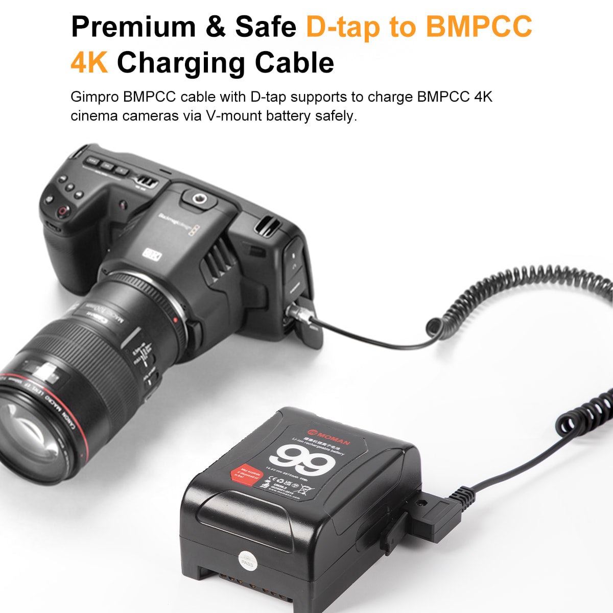 Gimpro BMPCC is a safe and premium charging cable for power solutions with the d-tap port to BMPCC 4k cameras