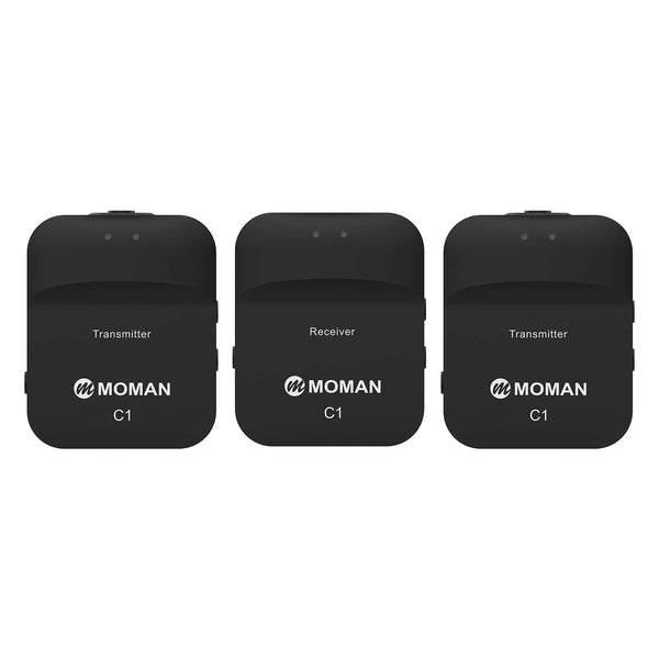 Moman C1X dual channel wireless microphone Black with 2 transmitters and 1 receiver, is ideal for two-person recording