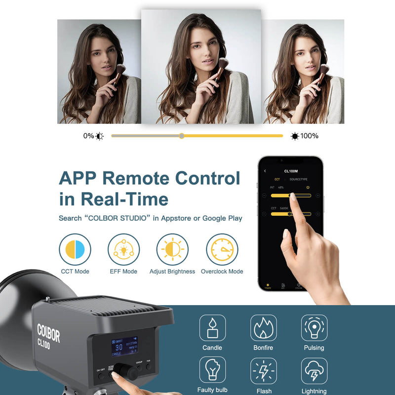 COLBOR CL100 supports APP remote control in real time. You can adjust lighting levels and different effects on it