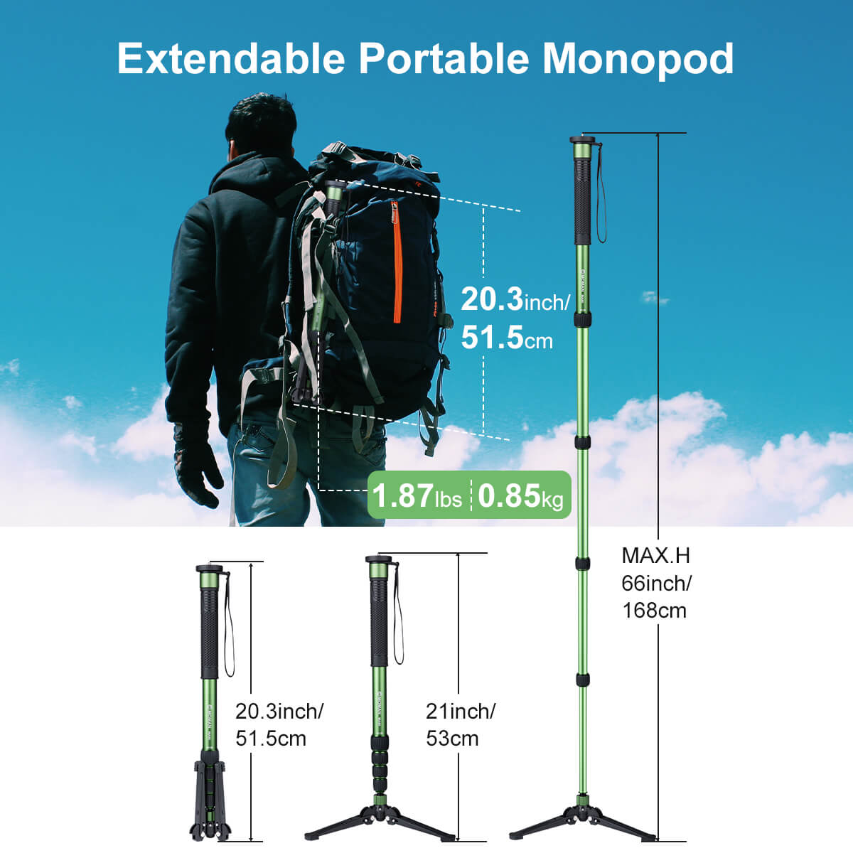 Moman MA66 is extendable. Its max. height of 168cm is suitable for most photographers while it's portable to shorten to 51.5cm for packing