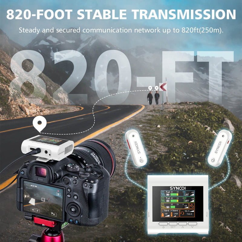 SYNCO G3 which can mounted on kinds of cameras is capable of transmitting a stable sound within 820 feet for outdoor recording