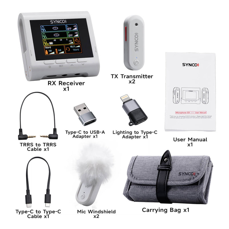 Package list of SYNCO G3: 1 RX, 2 TXs, 2 cables, 2 adapters,, 2 mic windshields, and a carrying bag