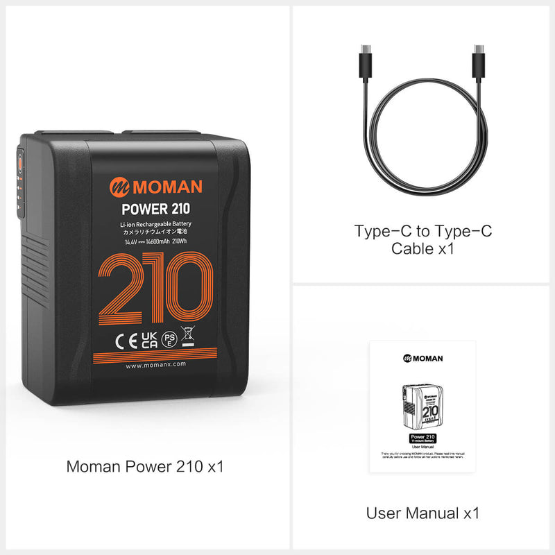 Moman Power 210's product package includes: A 210Wh v-lock power supply, a Type-C to Type-C cable, and a user manual.