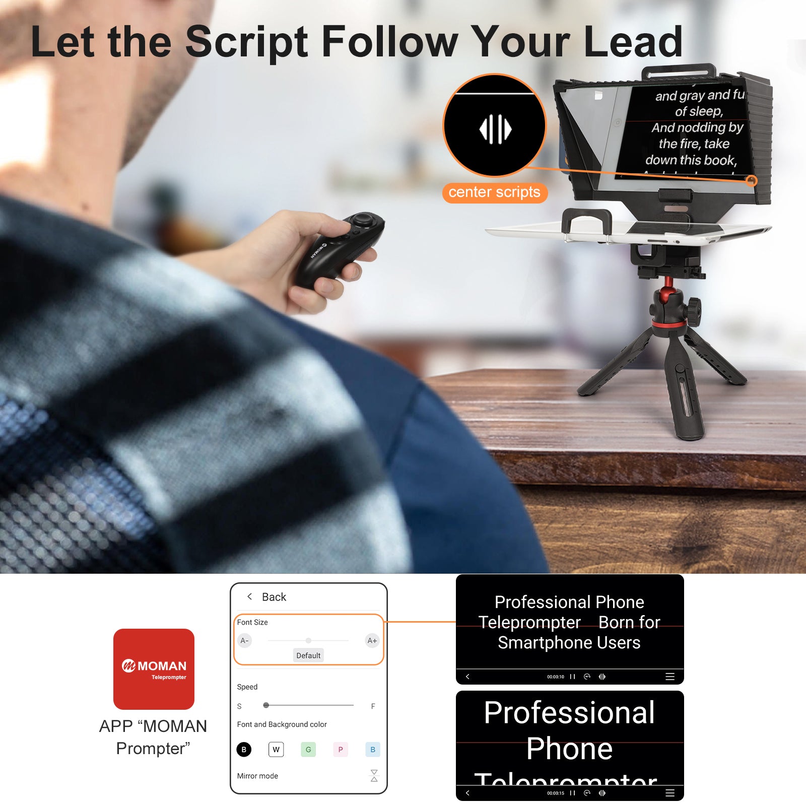 Moman MT2 has compatible virtual teleprompter for zoom and remote control to let the script keep up with your speaking