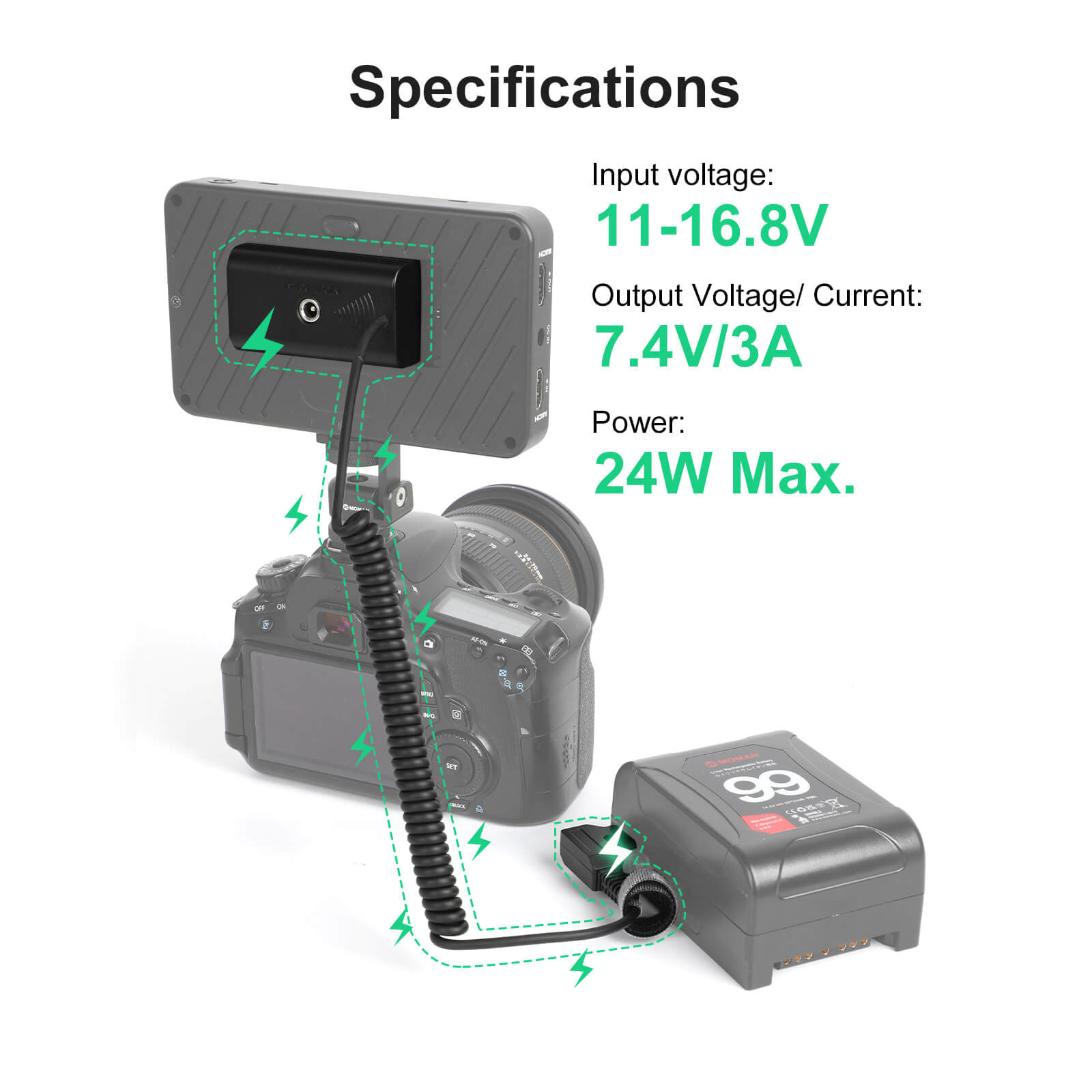 Moman DF550 specificatins: Input voltage of 11-16.8V, output voltage/current of 7.4V/3A, power of 24W max