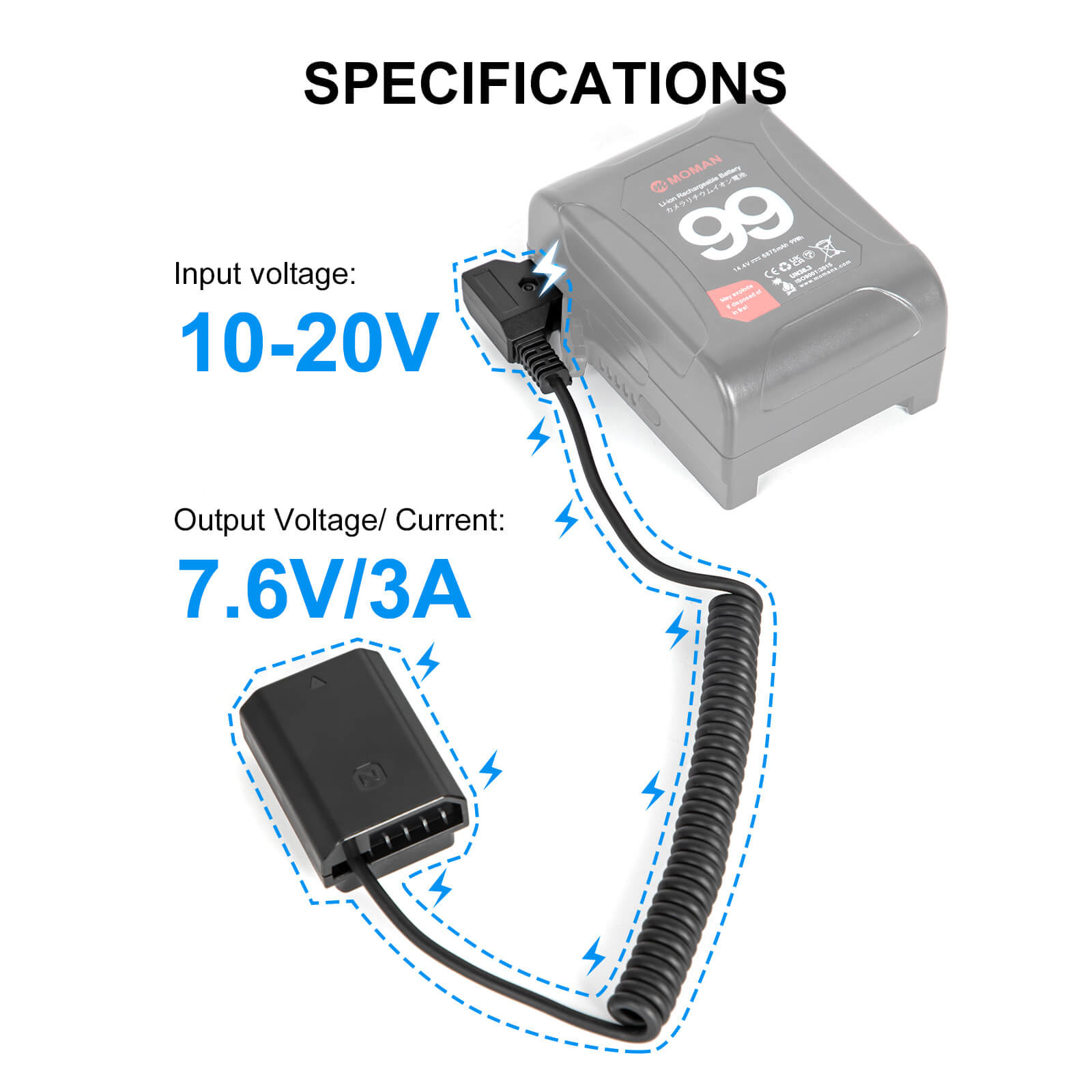 Moman DFZ100's specifications: 10-20V input voltage and 7.6V/3A output voltage/current