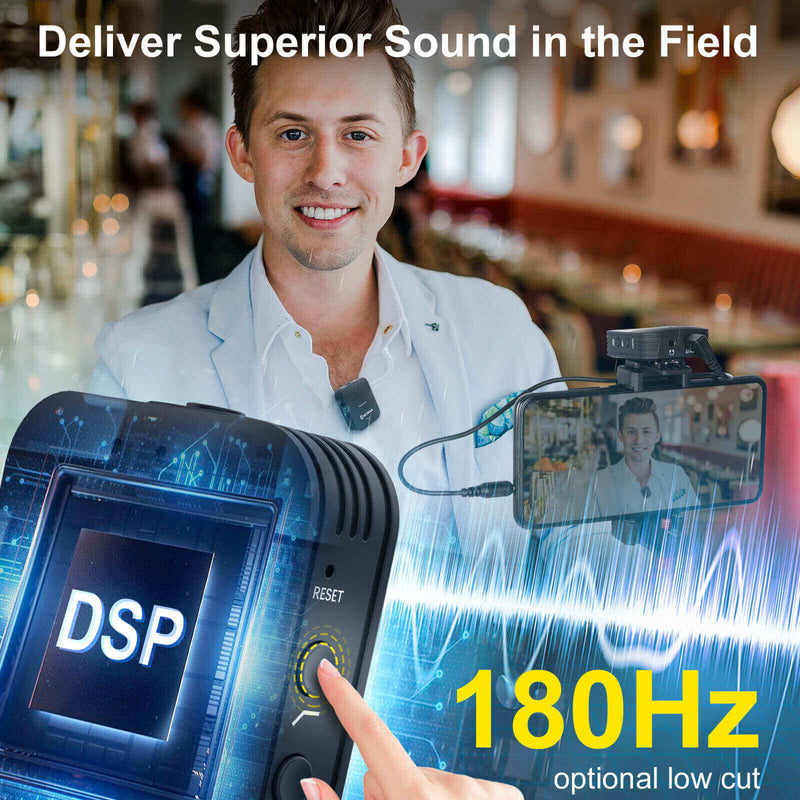 Moman C1 wireless microphone for video recording delivers superior sound in the field with 180Hz optional low cut
