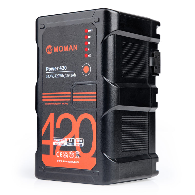 Moman Power 420 v mount battery for video features a capacity of 420Wh, 29.4Ah and voltage of 14.4V for charging photography devices
