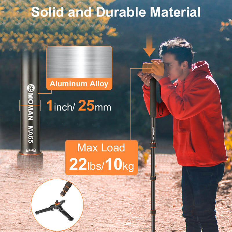 Moman MA65 is built of durable and solid material of aluminum alloy. It takes a max. load of 22lbs/10kg of heavy shooting items