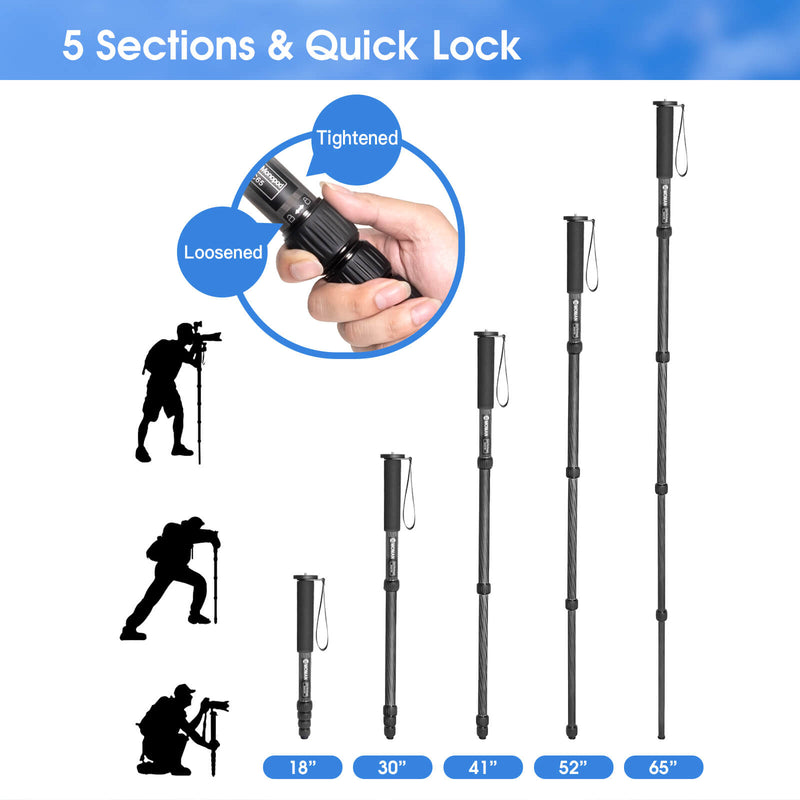 Moman C65 travel monopod with 5 sections and quick lock which can switch between loosened and tightened