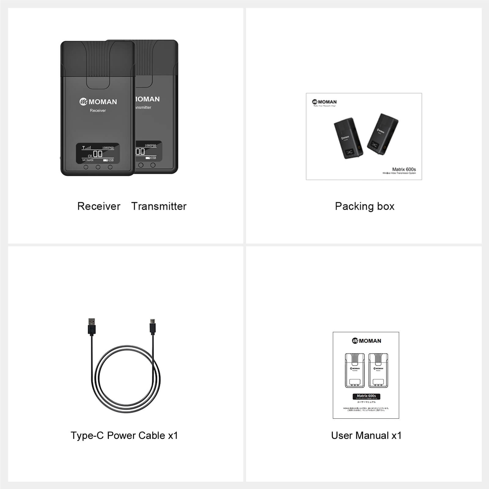 Package of Moman Matrix 600s including a receiver, a transmitter, a packing box, a Type-C power cable and a user manual