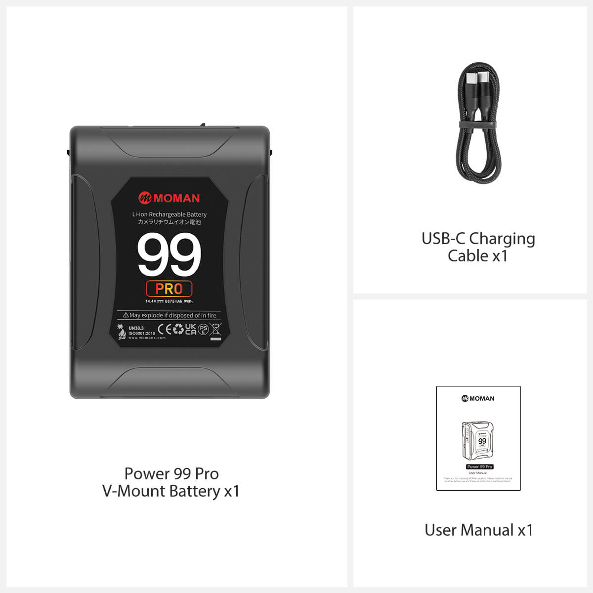 Moman Power 99 Pro's package includes a 99wh external power source, a USB-C charging cable, and a user manual.