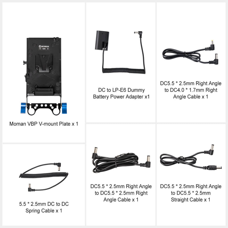 Package list: The Moman VBP v-mount plate, three DC cables, one DC to LP-E6 cable, one DC to DC spring cable