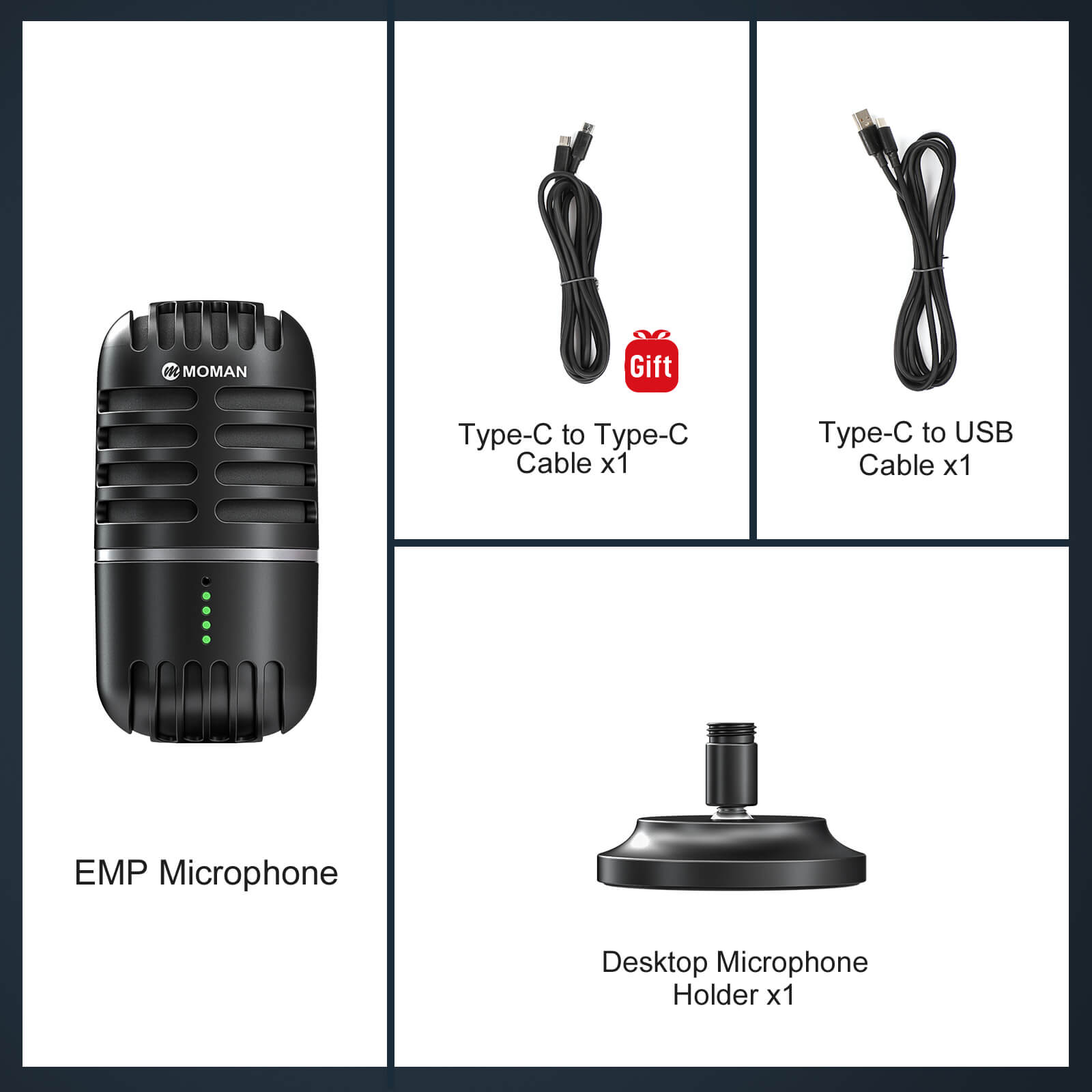 Package content of Moman EMP USB microphone, with a Type-C to Type-C cable as a free gift included