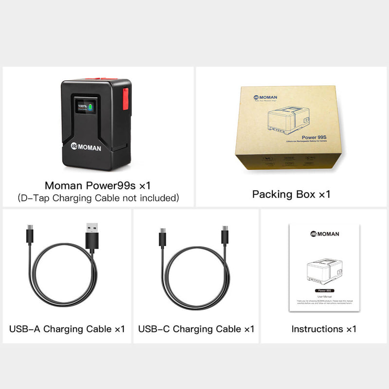 Package list of Moman Power 99S: The V type battery, USB-A/C charging cables, a packing box, and the instructions
