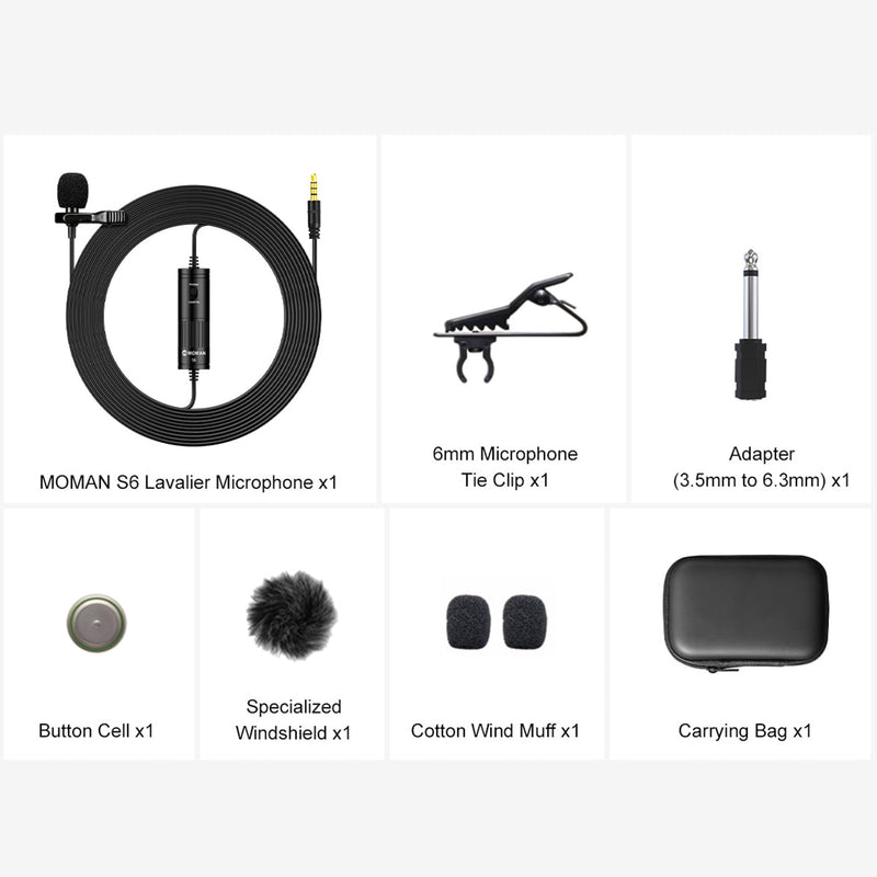 Package contents of Moman S6: The lav mic, a tie clip, an adapter, a button cell, a windshield, 2 wind muff, a carrying bag