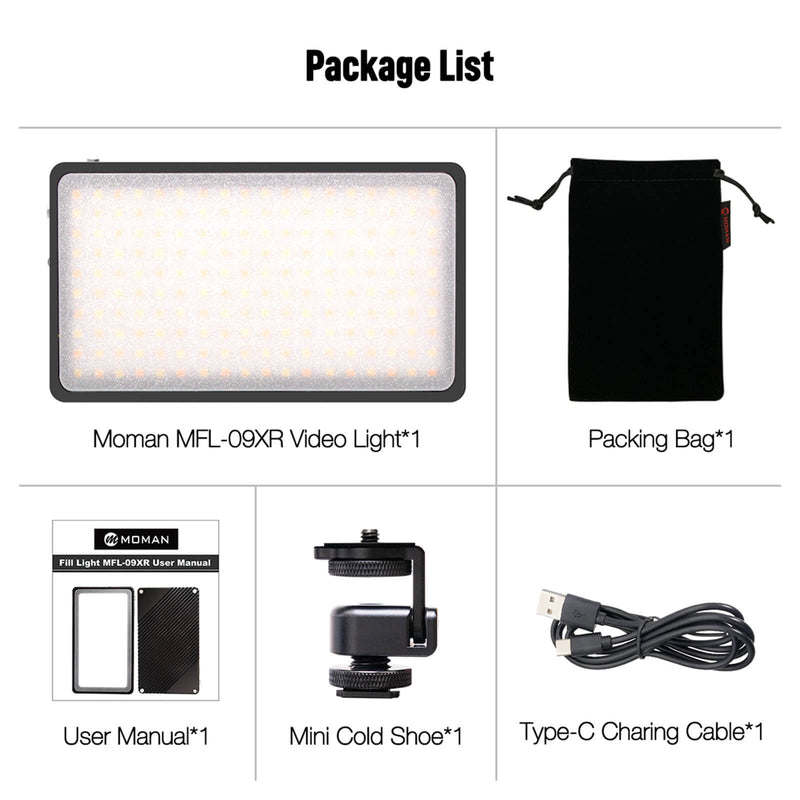 Packlist of Moman MFL-09XR including the video light, a mini cold shoe, a Type-C charging cable, a packing bag, etc.