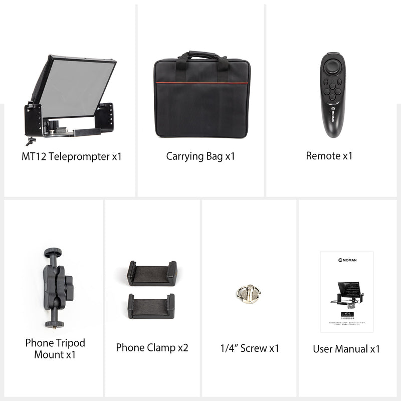 With a teleprompter, a remote, a phone tripod mount and clamp, a 1/4" screw, a carrying bag, and a user manual, the professional teleprompter price is just USD189