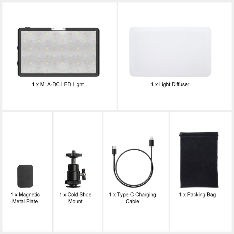 Moman ML8A-DC's package list: The RGB light, a Type-C cable, a diffuser,a cold shoe mount, a packing bag, a magnetic metal plate