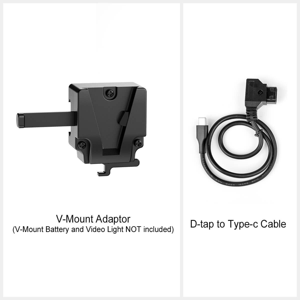 COLBOR VM2's package includes a v-mount adapter to hold v-lock batteries and a d-tap to Type-C cable for charging