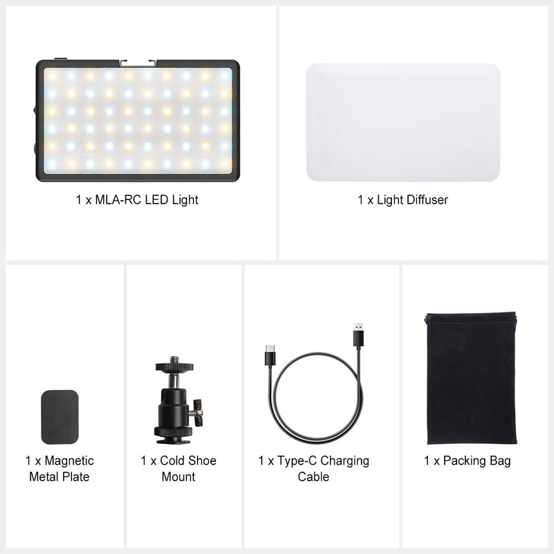 Package list of Moman ML8A-RC includes the LED light, a diffuser, a magnetic metal plate, a cold shoe mount, a Type-C cable, a packing bag