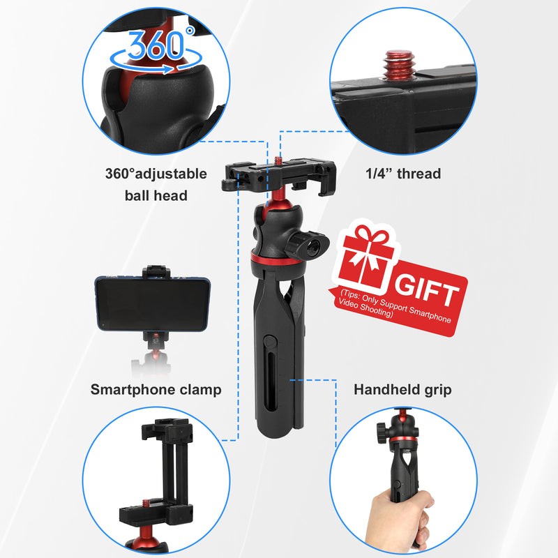 Moman MT1's package has a vlogging tripod kit for flexible usages, including phone clamp, handheld grip, etc.