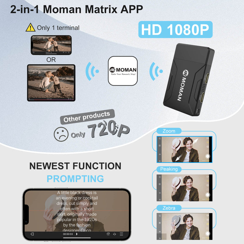 Moman Matrix 600 works with a 2-in-1 Moman Matrix APP, transfering clear photos of HD 1080P