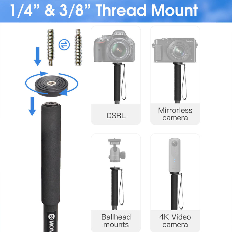 Moman C65 monopod for video camera has 1/4" and 3/8" thread mount, which makes it suitable for DSLR, 4K video camera, etc.