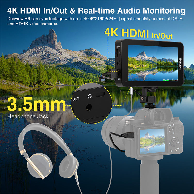 Desview R6 small field monitors for cameras support 4K HDMI in/out and real-time audio monitoring