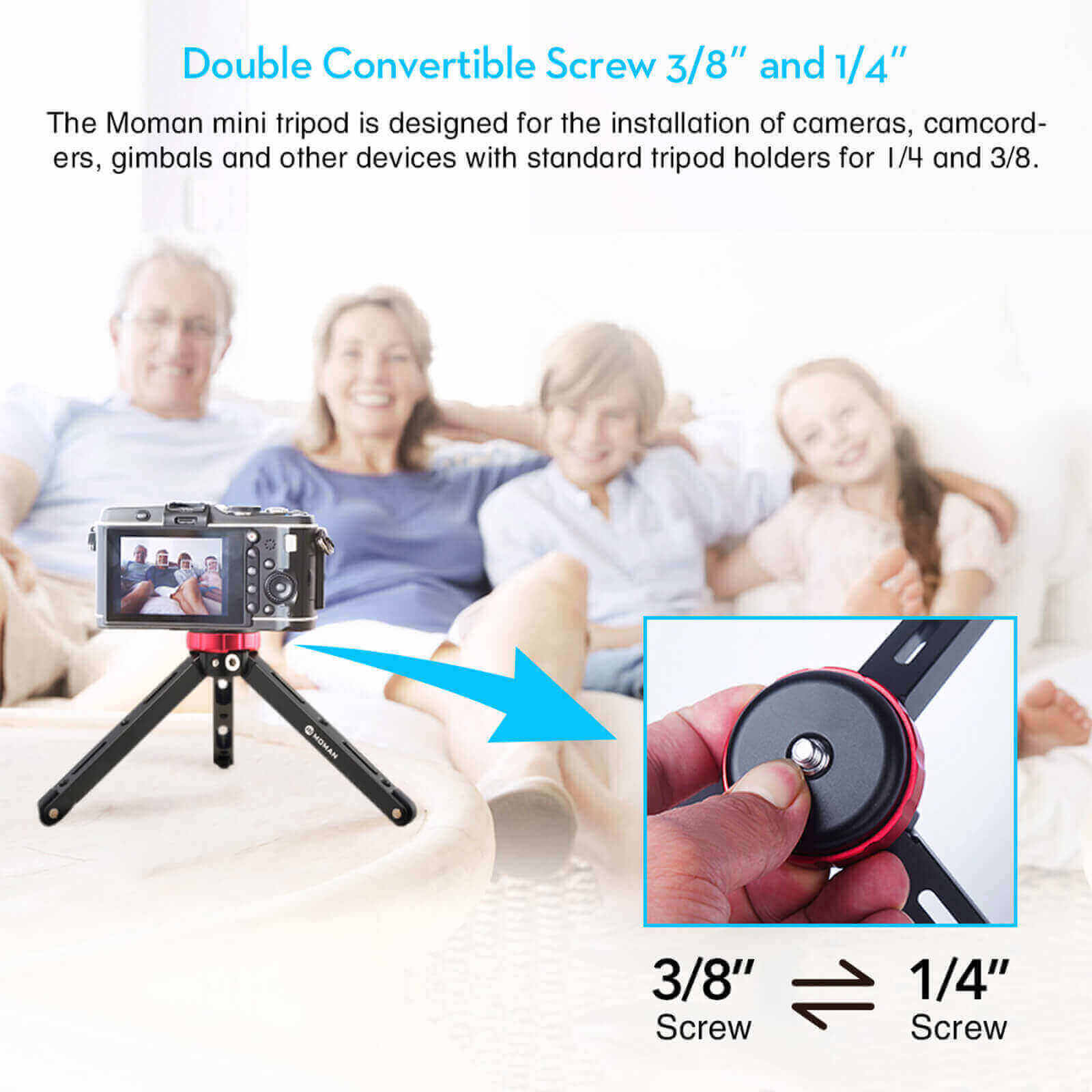 Moman TR1 tabletop tripod for phone has double convertible screw 3/8