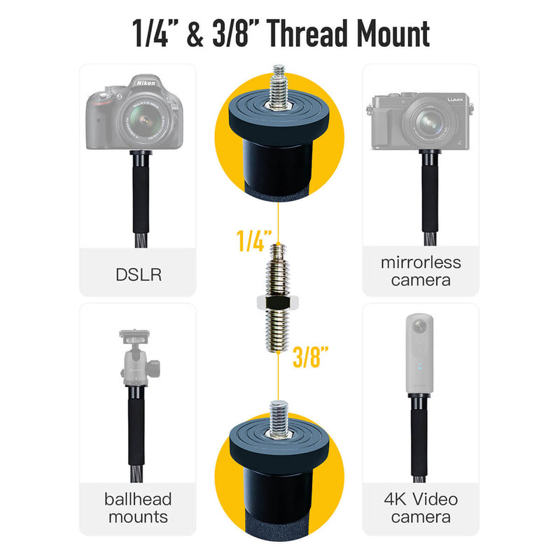 Moman C60 monopod has 1/4" and 3/8" thread mount, accepting ballhead mounts, 4K video cameras, DSLRs, etc.