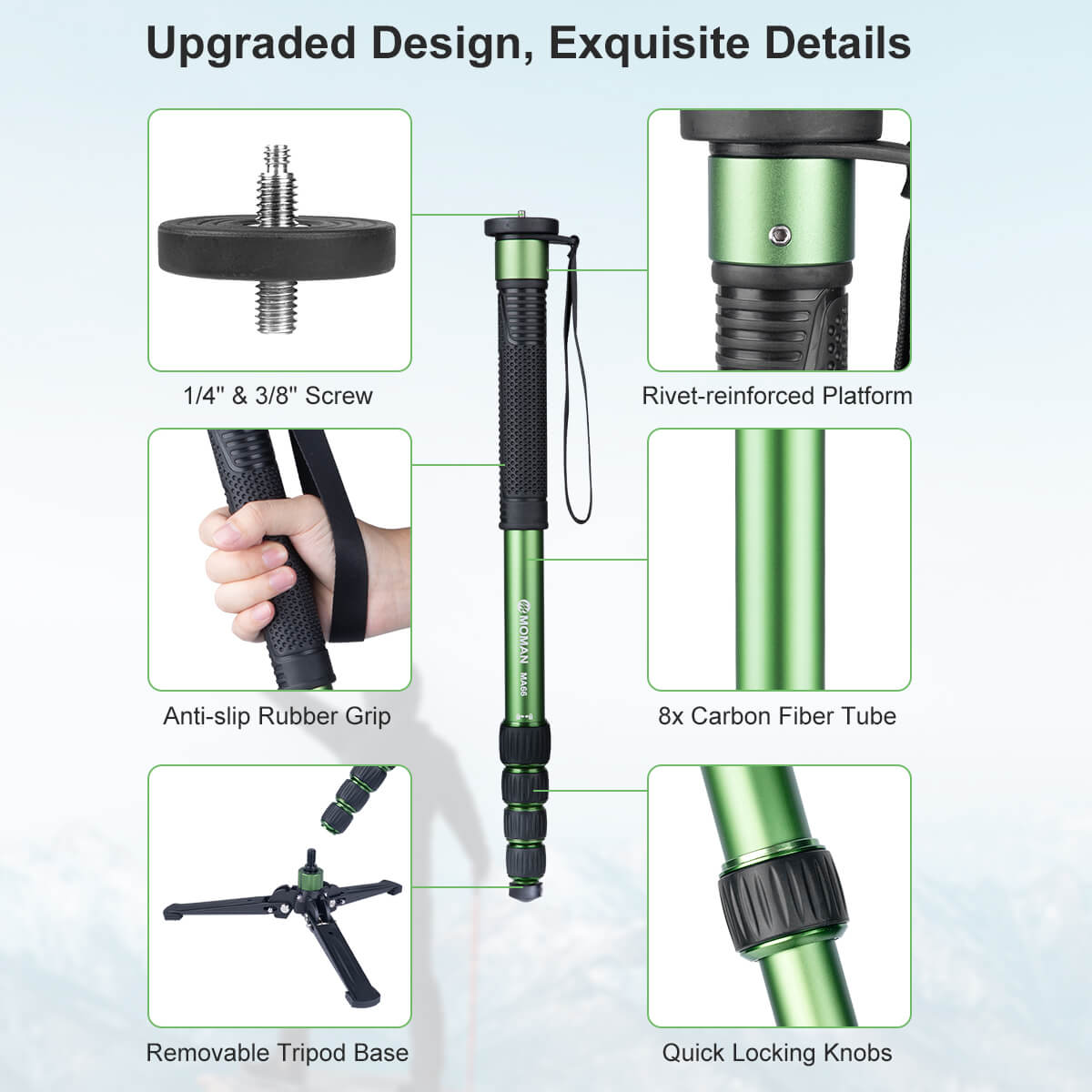 Moman self standing monopod MA66 features an upgraded design and exquisite details, like anti-slip rubber grip and more.